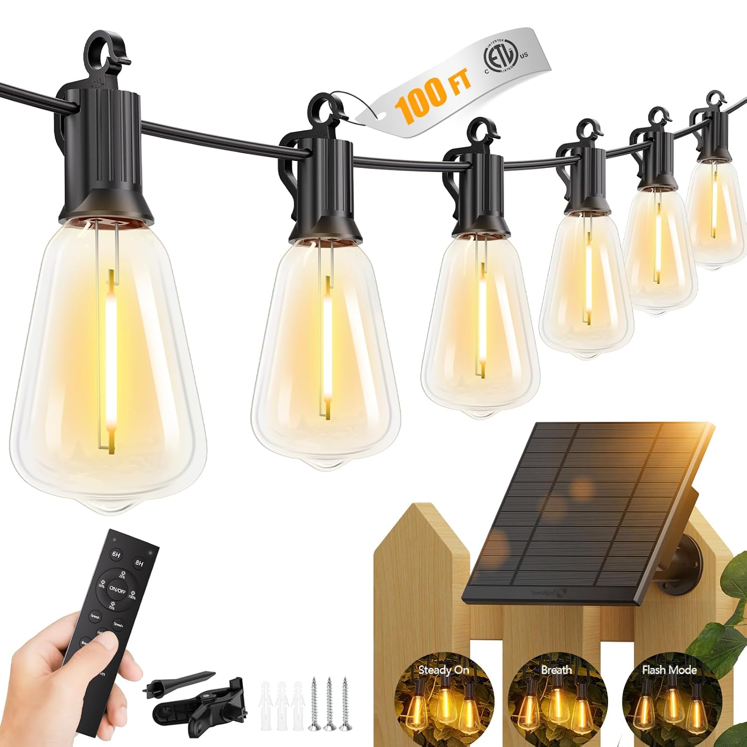 Brightown 100FT solar string lights for outdoor patio