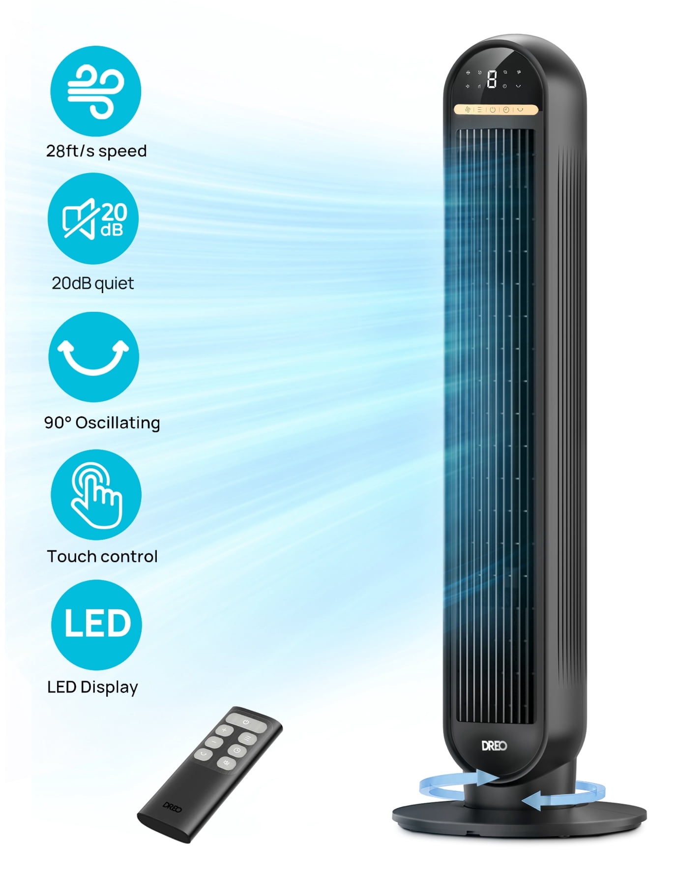 DREO 36 inch oscillating tower fan with remote and LED display