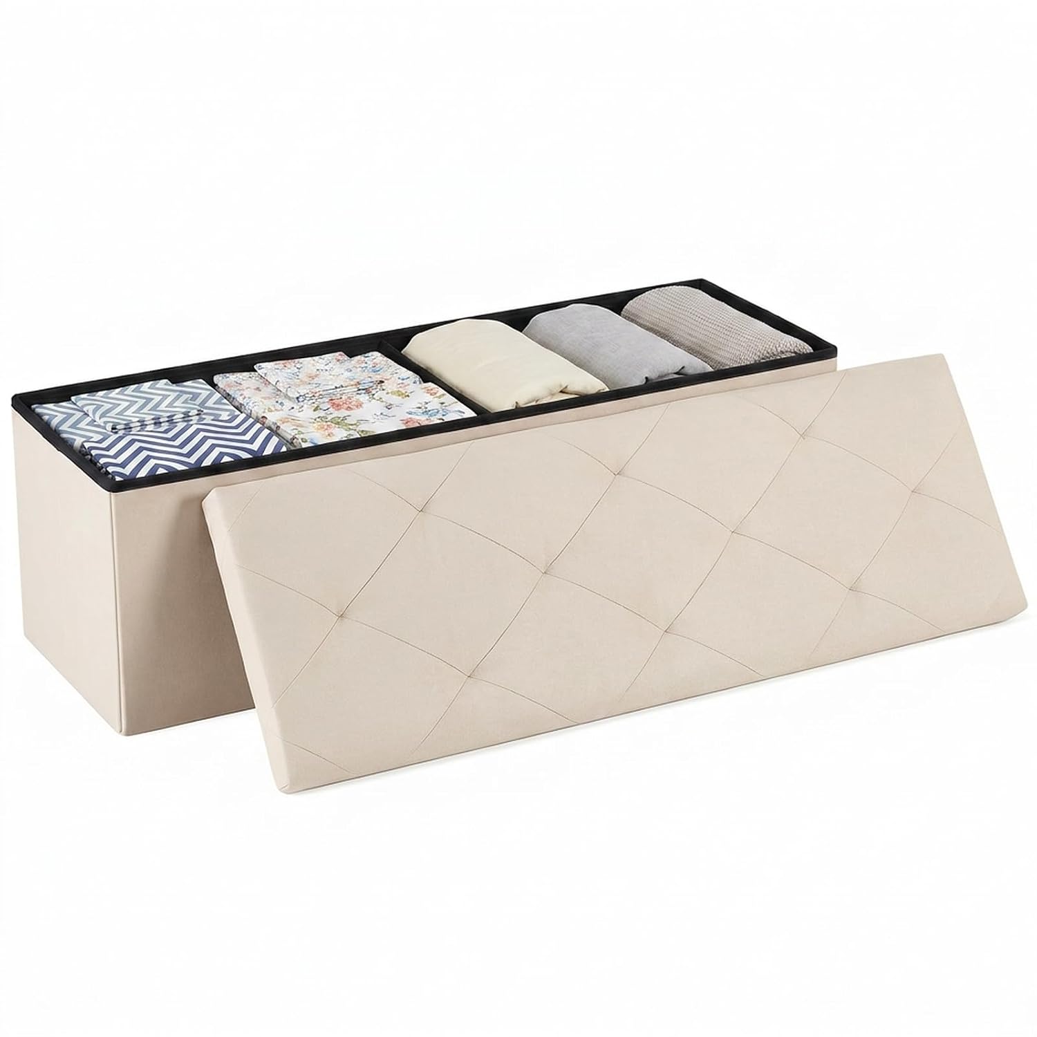 DUMOS 43 inch folding storage ottoman bench in beige fabric