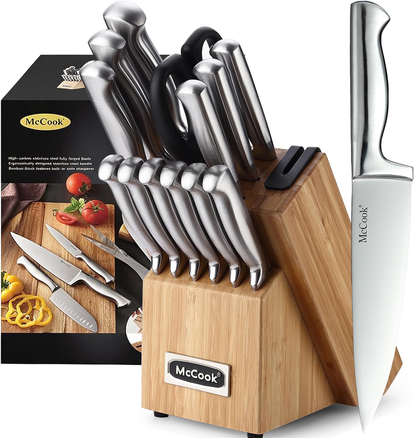 McCook 15-piece stainless steel knife block set with built-in sharpener