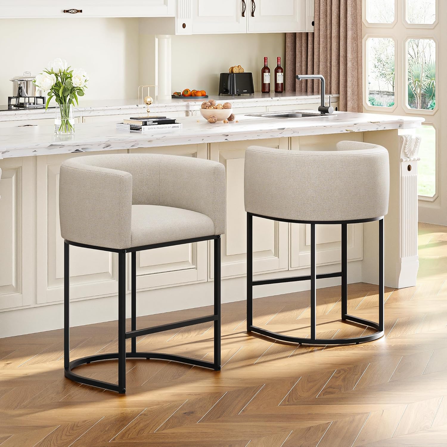 VATROS upholstered barrel counter height bar stools set of two