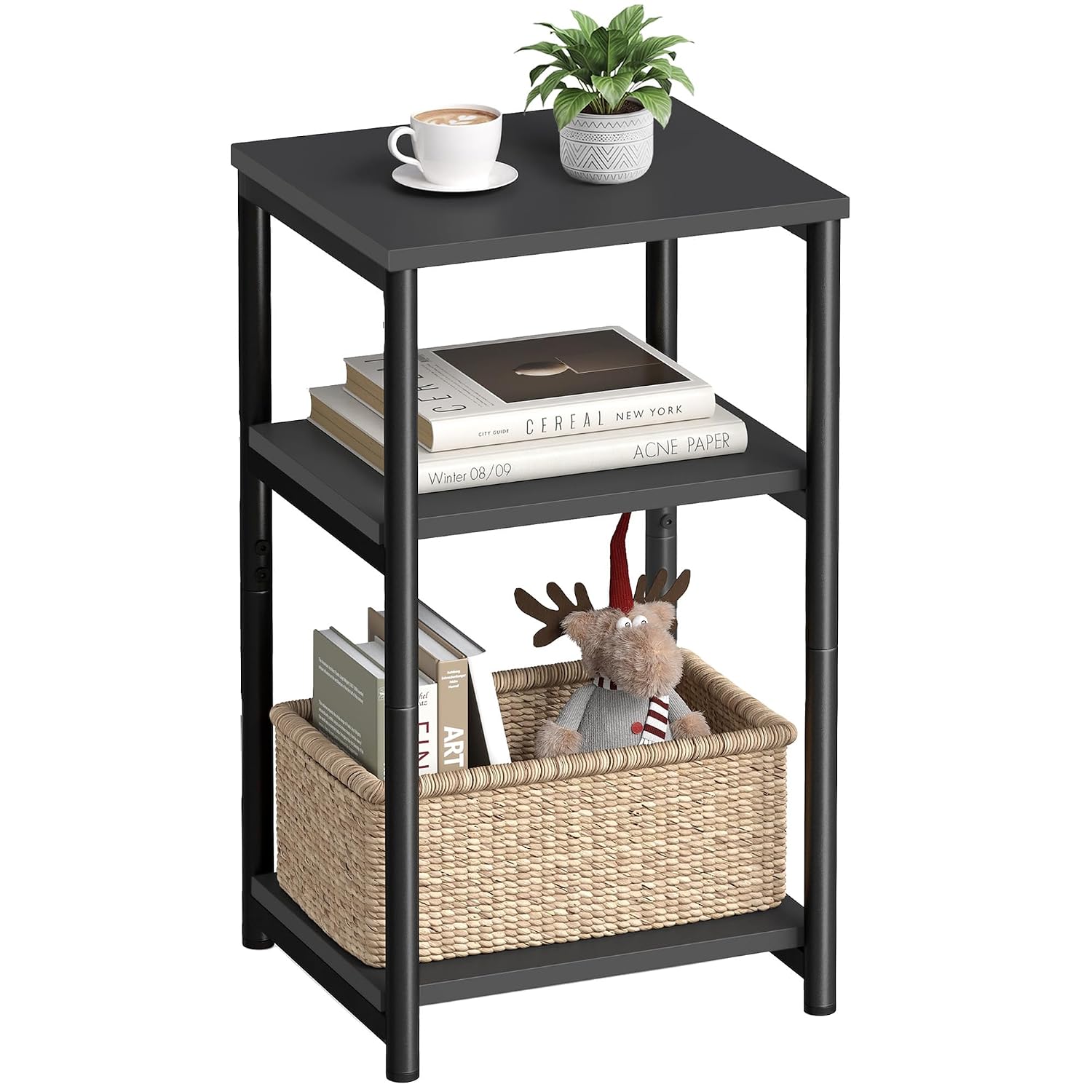 VASAGLE ink black steel frame tall side table next to a bed