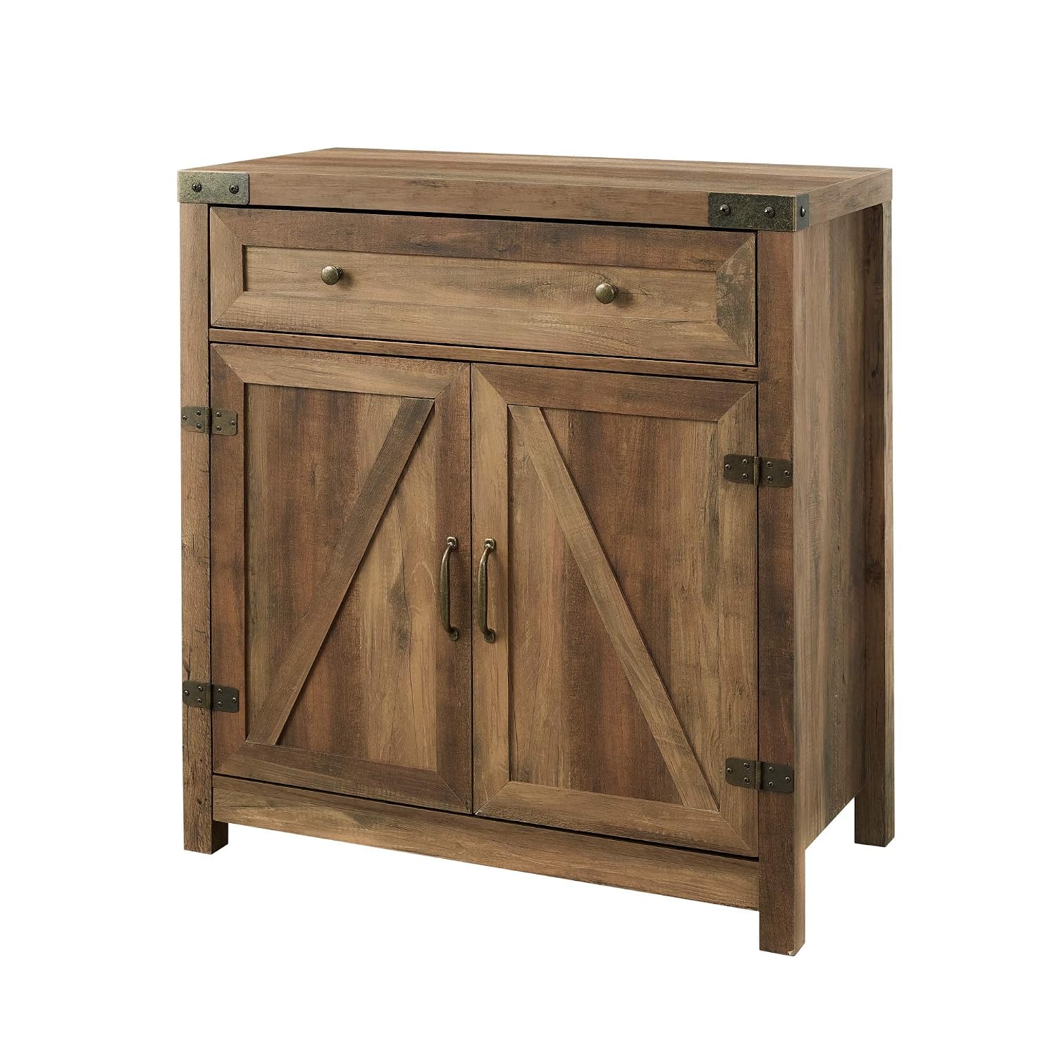 Walker Edison Cass rustic oak barn door accent cabinet in a living room