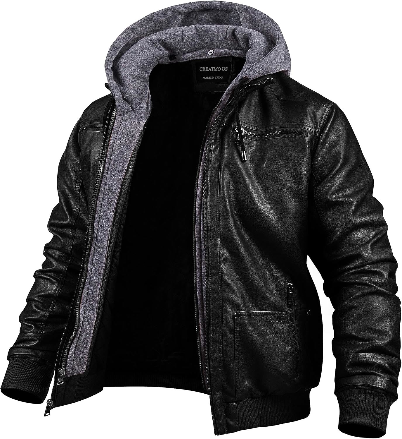 CREATMO US mens black faux leather moto jacket with removable hood