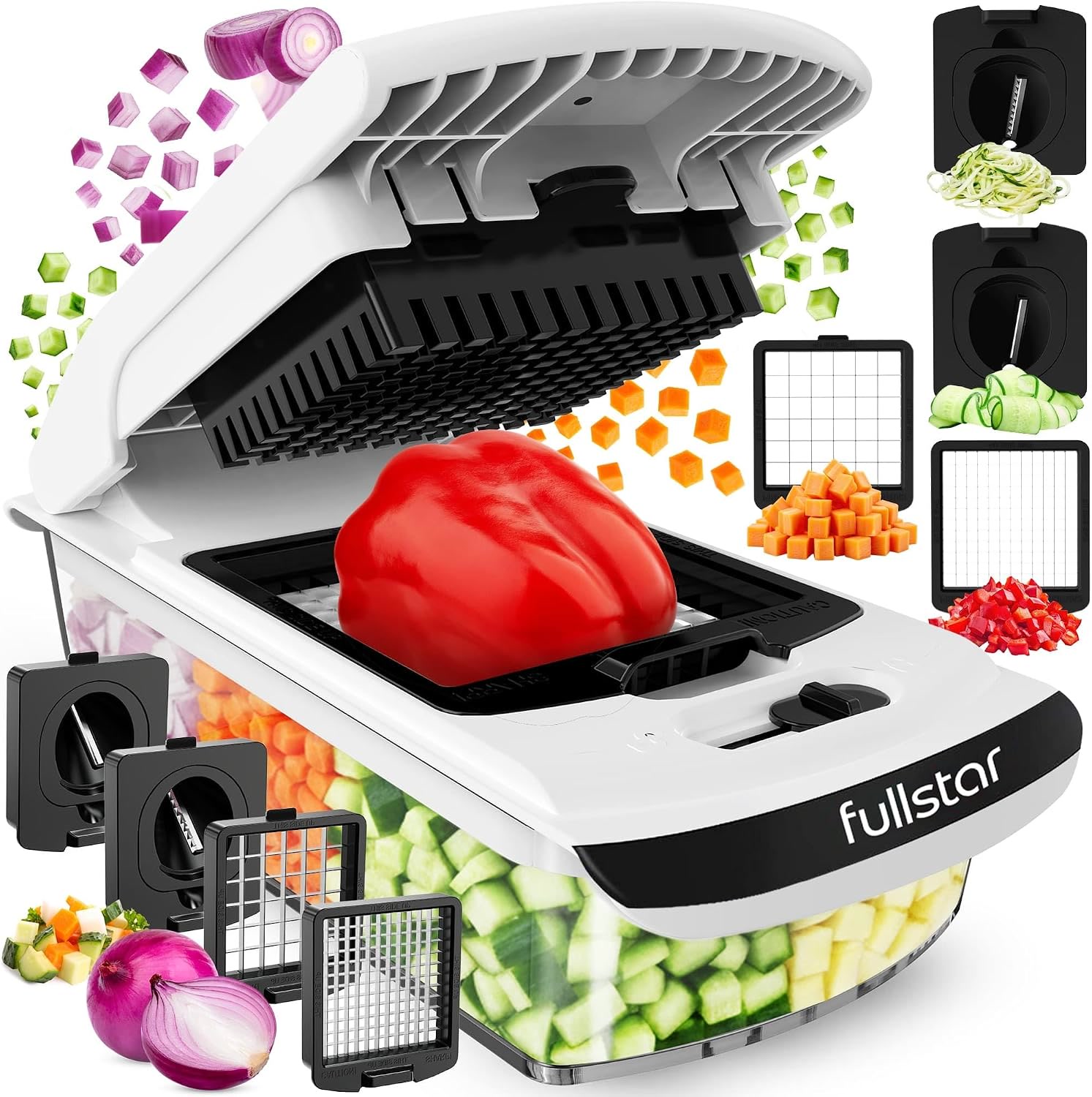Fullstar Pro vegetable chopper with catch tray and blade inserts