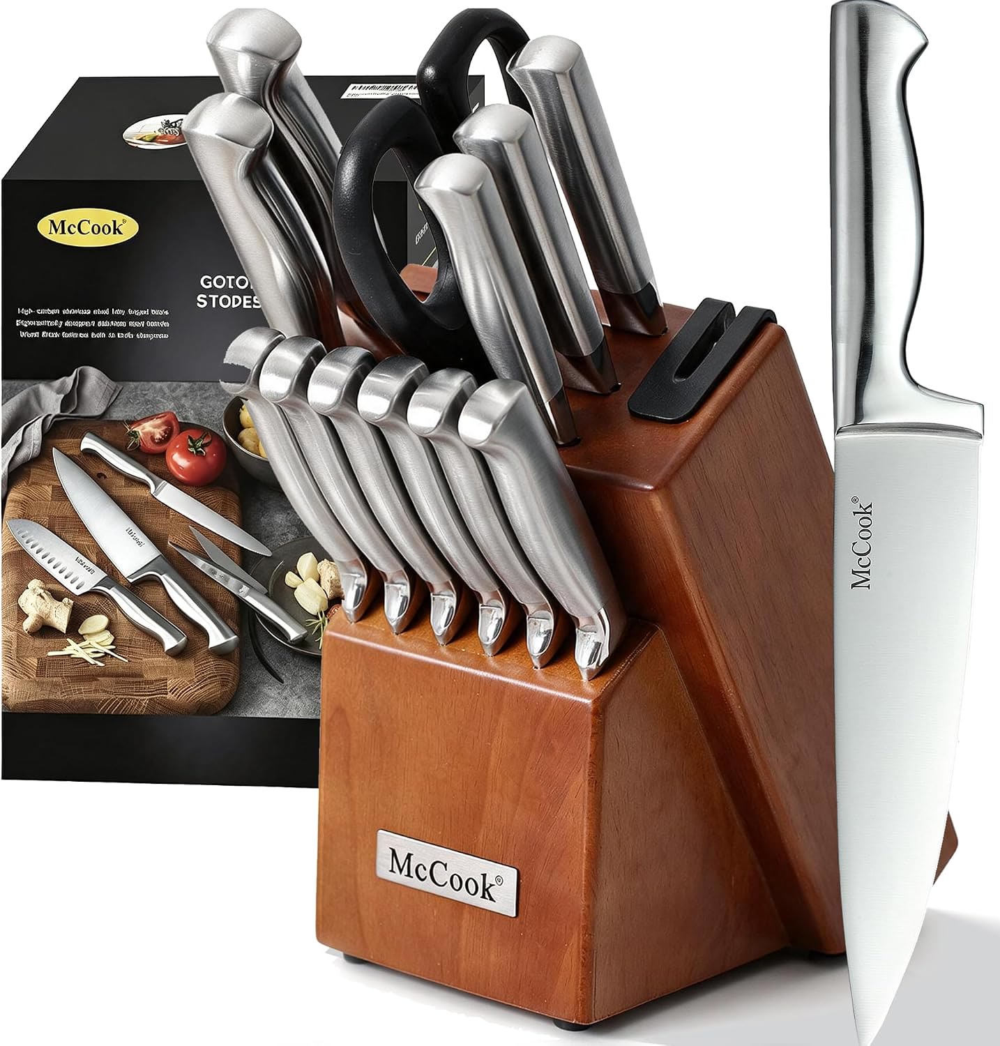 McCook 15 piece knife block set with built-in sharpener in a cherry wood block