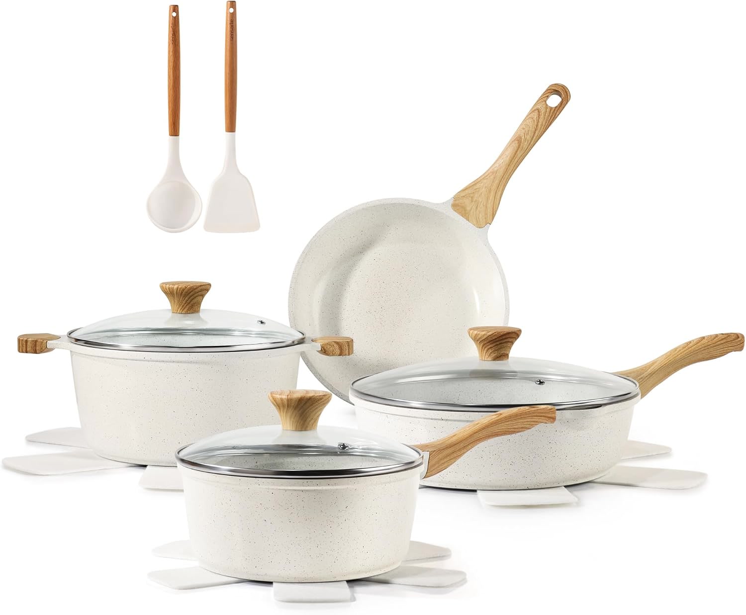SENSARTE 13 piece beige ceramic nonstick cookware set with glass lids